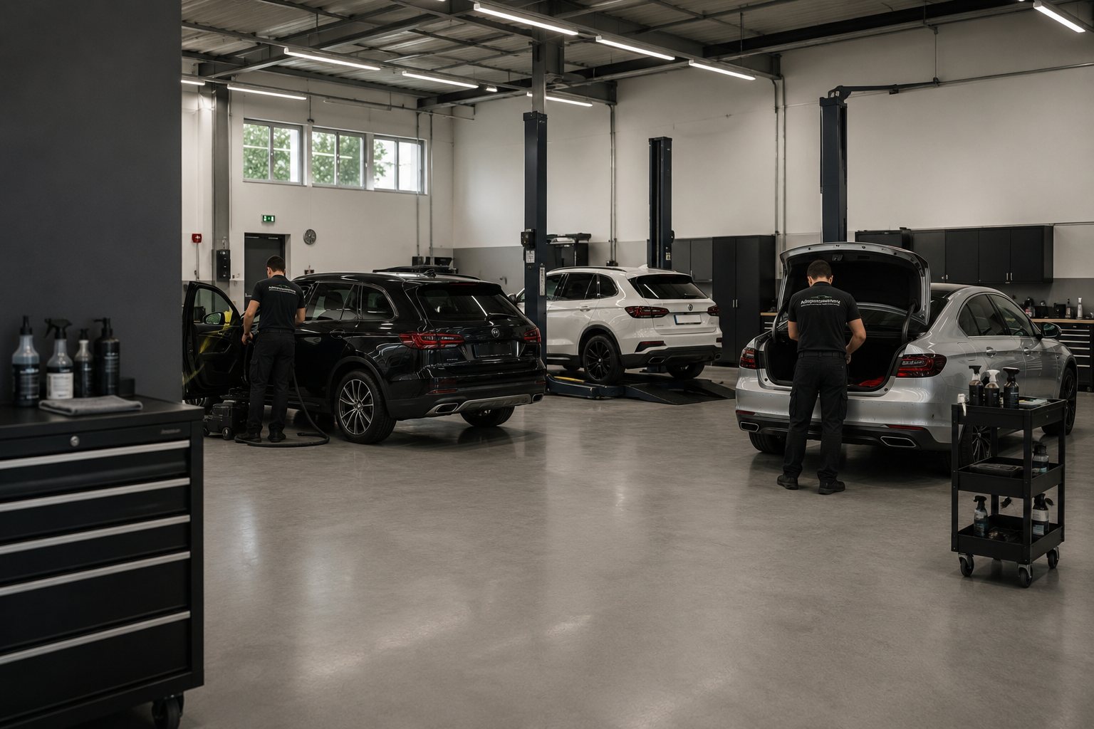 Aufbereitungsbetrieb von Autoputzmeister mit mehreren Fahrzeugen im laufenden Ablauf